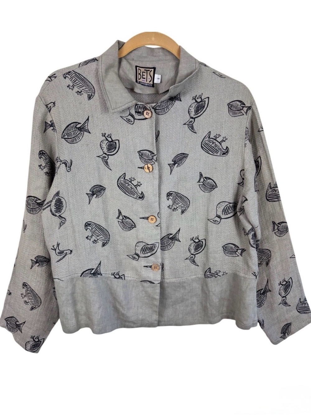 Bets by Canvasbacks Vintage Womens Linen Bird Fish Print Button Up Shirt Grey S
